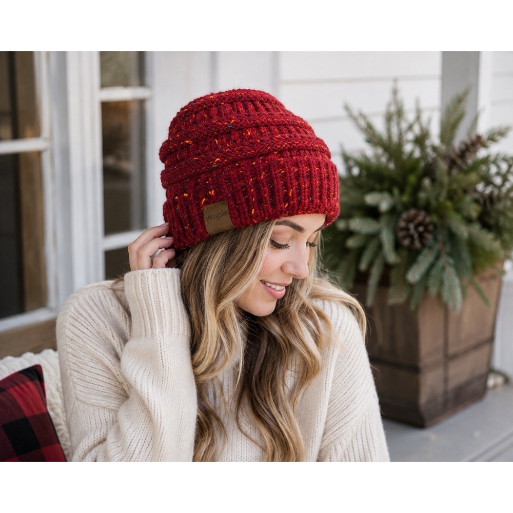 Shuangyishan Burgundy Confetti Cable Knit Slouchy Beanie Multicolor Fleck Hat
